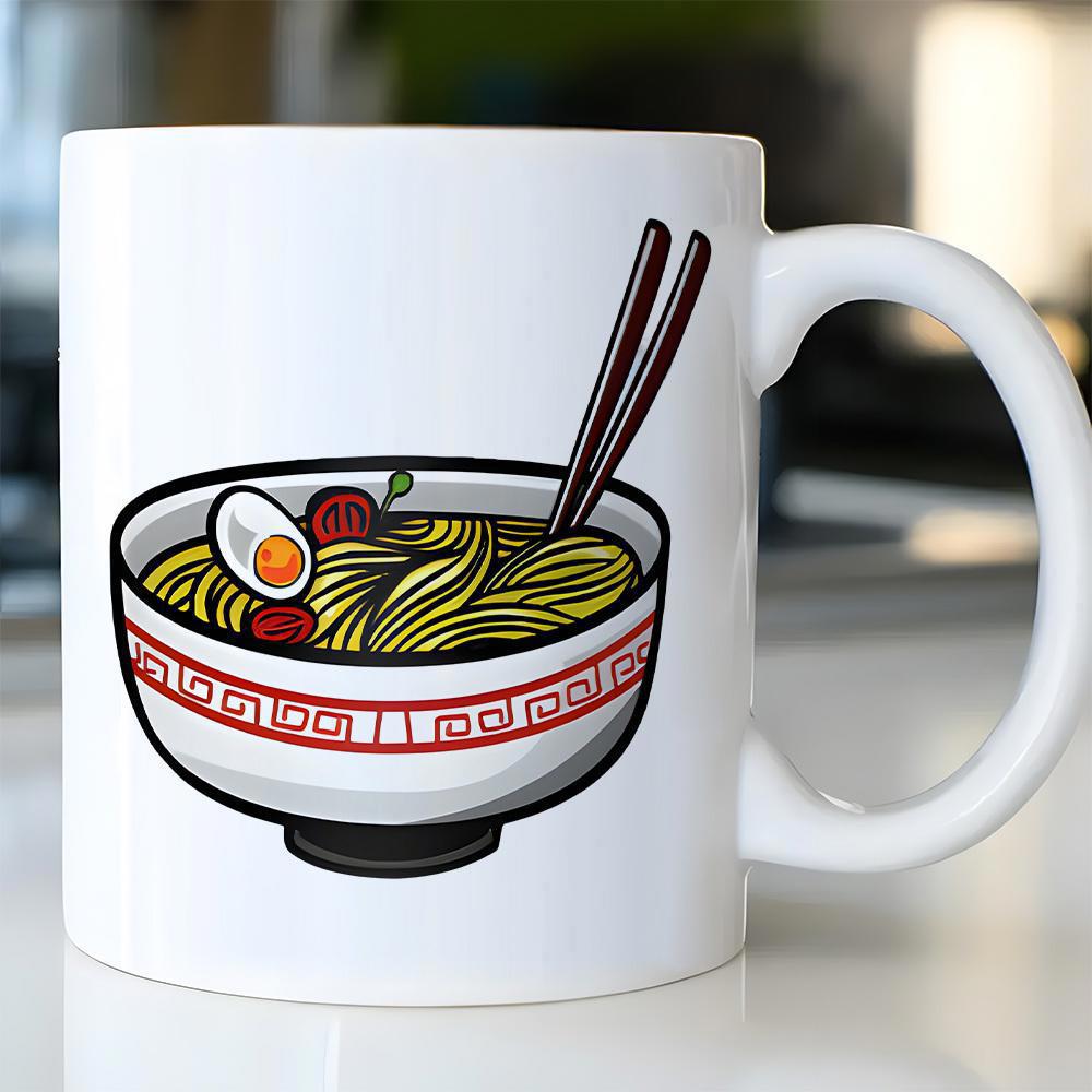 Tailorly White Ceramic 11 oz Mug - Delicious Japanese Style Noodles With Chopsticks And Sliced Egg Inside A Bowl Ramen