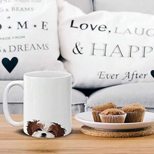 Tailorly White Ceramic 11 oz Mug - Adorable Brown And White Furry Peeking Puppy At The Bottom Shih Tzu