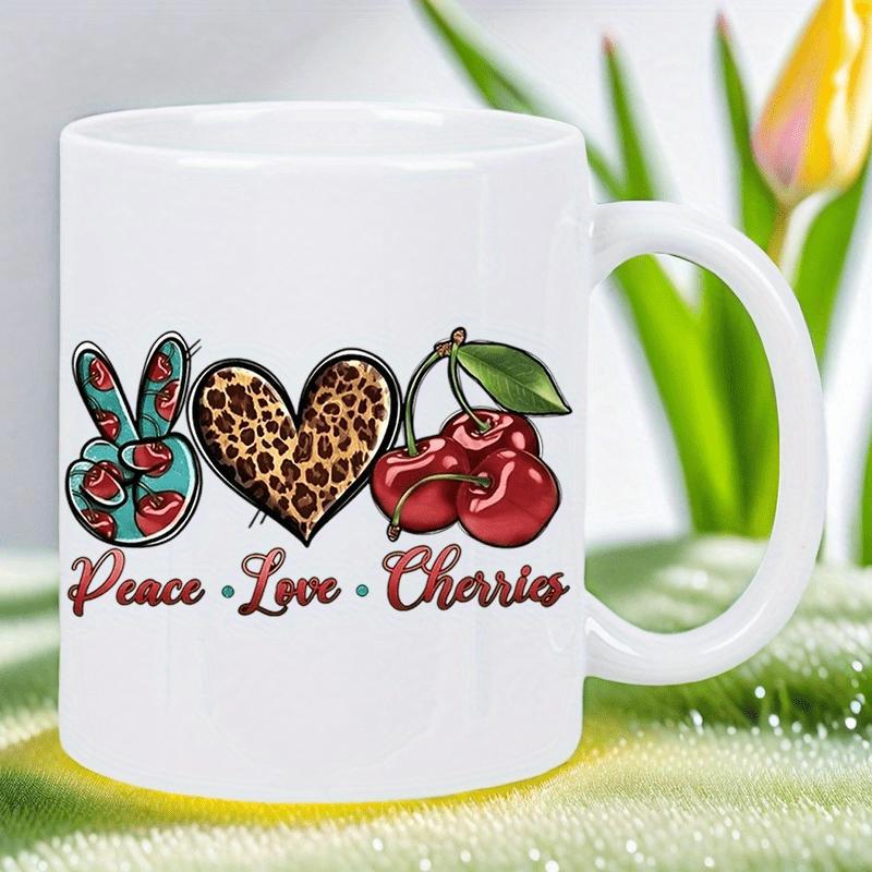Tailorly White Ceramic 11 oz Mug - Peace Love Cherries Vibrant Red Fruit With Green Leaves Among Leopard Print Symbols Cherries