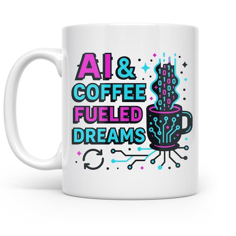 Tailorly White Ceramic 11 oz Mug - AI Coffee Fueled Dreams Circuit Patterns And Binary Steam With Glowing Stars Surrounding Tech Mug