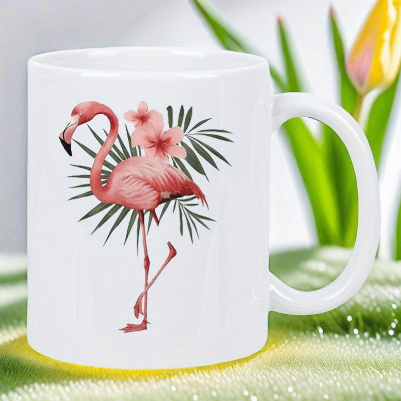 Tailorly White Ceramic 11 oz Mug - Elegant Pink Flamingo Standing Among Tropical Palm Leaves And Hibiscus Flowers Flamingo