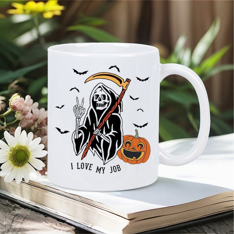 Tailorly White Ceramic 11 oz Mug - I Love My Job Smiling Halloween Pumpkin And Bats Surrounding A Cloaked Reaper Holding Scythe Grim Reaper
