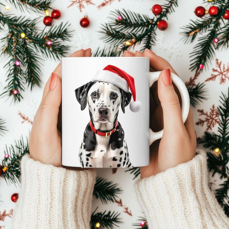 Tailorly White Ceramic 11 oz Mug - Charming Spotted Dog Wearing Festive Red Santa Hat Amidst Snowy Pine Branches Dalmatian