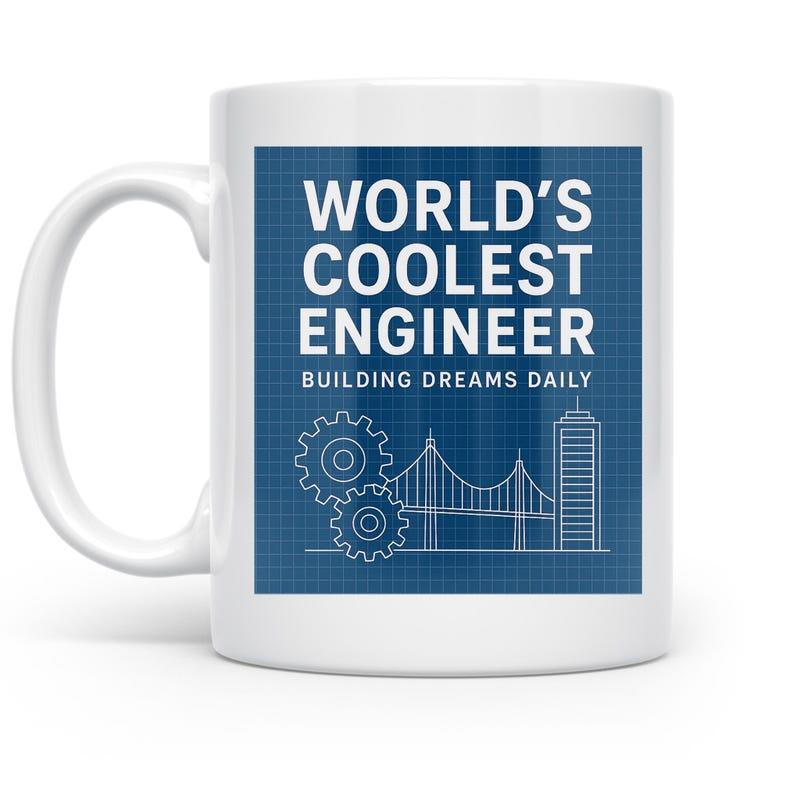 Tailorly White Ceramic 11 oz Mug - Worlds Coolest Engineer Building Dreams Daily Architectural Blueprint Style Featuring Gears And City Skyline Blueprint