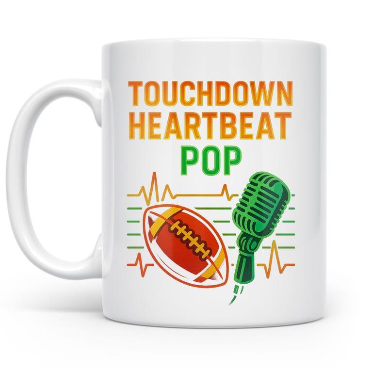 Tailorly White Ceramic 11 oz Mug - Touchdown Heartbeat Pop Vibrant American Football Resting Near A Vintage Professional Green Microphone Football