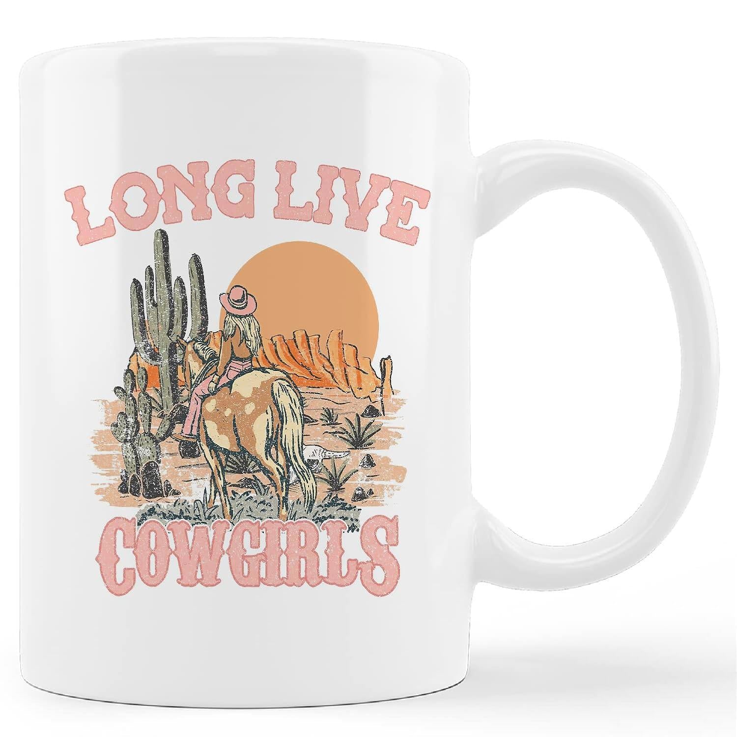 Tailorly White Ceramic 11 oz Mug - Long Live Cowgirls Vintage Retro Desert Sunset With Saguaro Cacti And Galloping Cowgirl