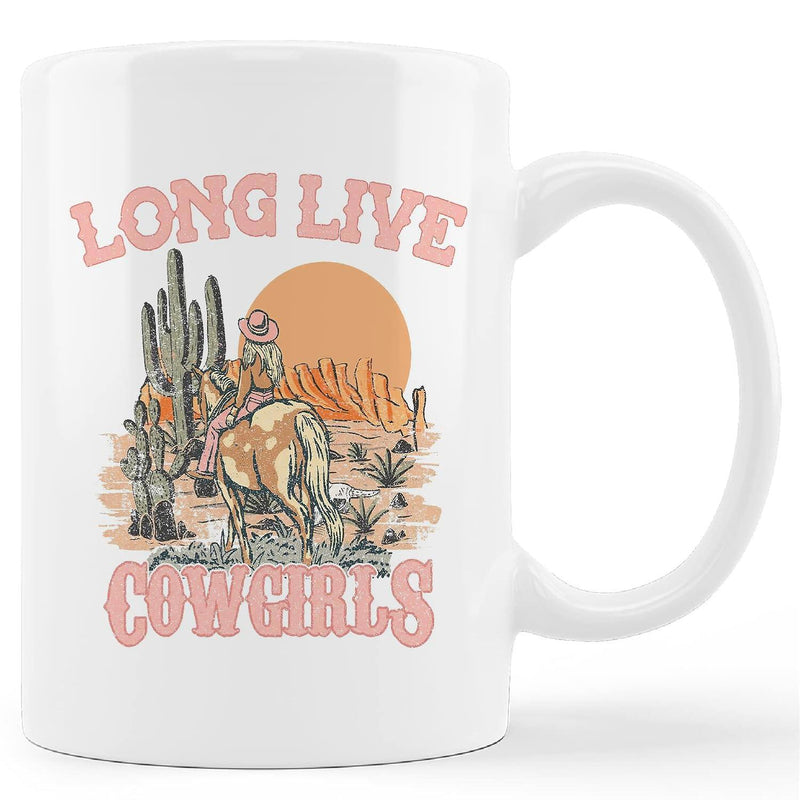Tailorly White Ceramic 11 oz Mug - Long Live Cowgirls Vintage Retro Desert Sunset With Saguaro Cacti And Galloping Cowgirl