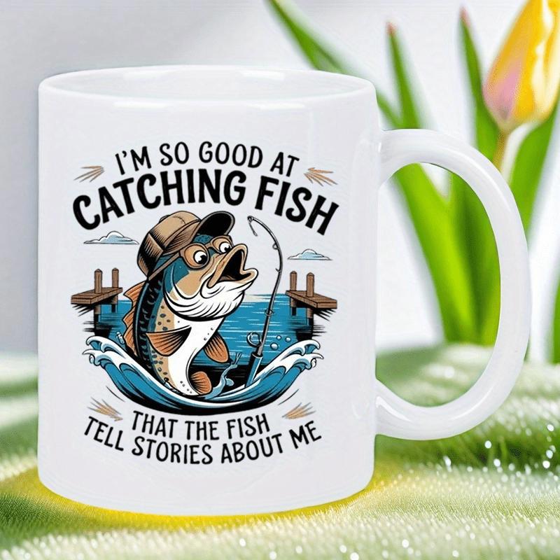 Tailorly White Ceramic 11 oz Mug - Im So Good At Catching Fish That The Fish Tell Stories About Me Cartoon Bass Wearing Hat Holding Rod Jumping From Deep Blue