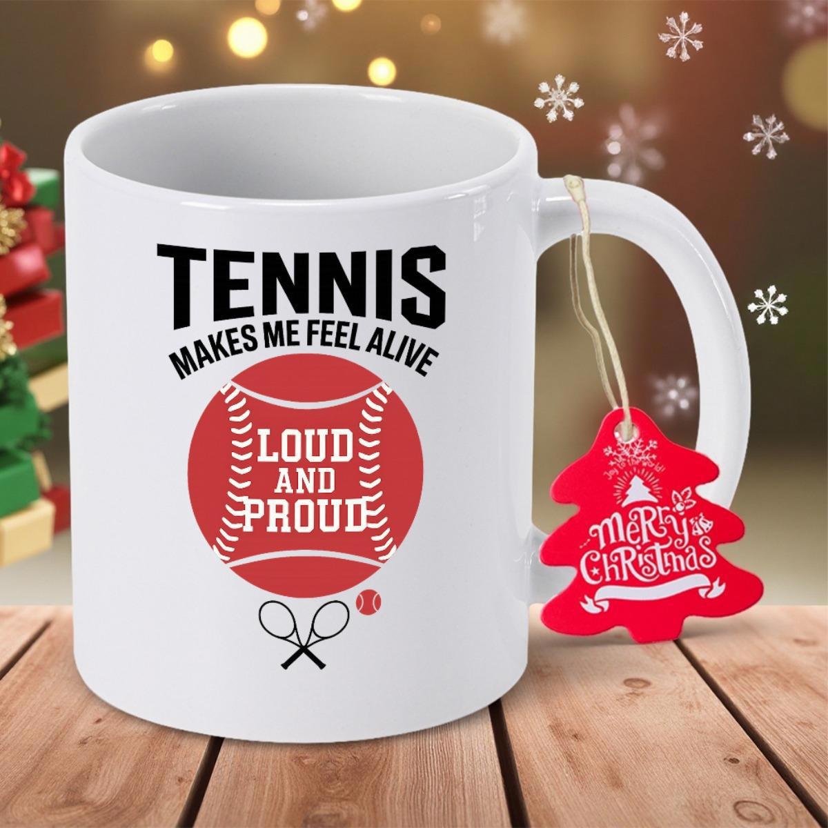 Tailorly White Ceramic 11 oz Mug - Tennis Makes Me Feel Alive Loud And Proud Minimalist Red Sphere With Crossed Tennis Rackets And Bold Sports Lettering Tennis
