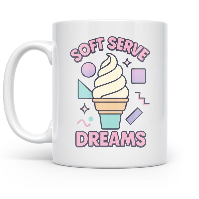 Tailorly White Ceramic 11 oz Mug - Soft Serve Dreams Pastel Colored Geometric Shapes Floating Around A Swirled Delicious Ice Cream