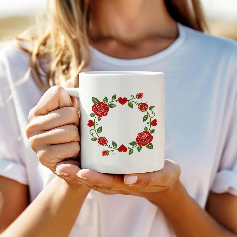 Tailorly White Ceramic 11 oz Mug - Vibrant Blooming Red Roses Among Green Leaves And Small Hearts Wreath