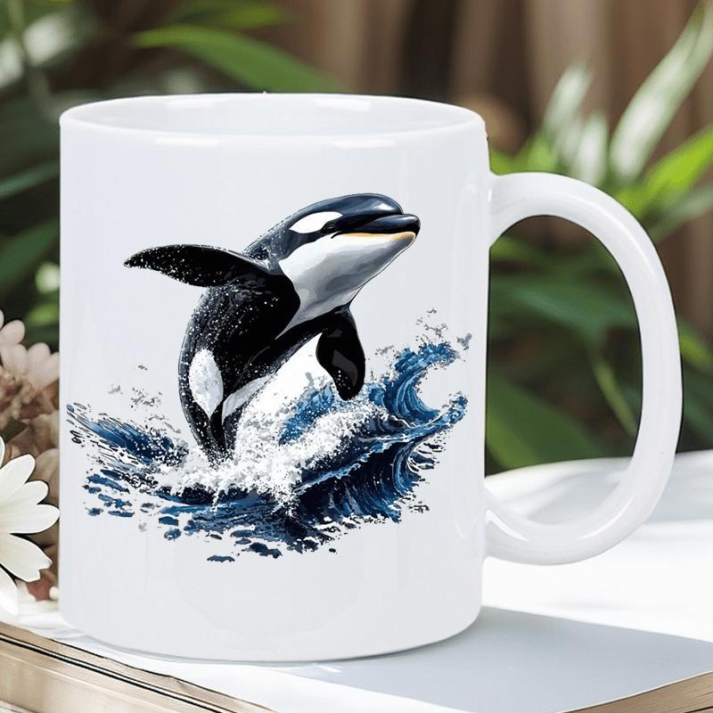 Tailorly White Ceramic 11 oz Mug - Majestic Orca Whale Leaping Through Crashing Deep Blue Ocean Waves Whale