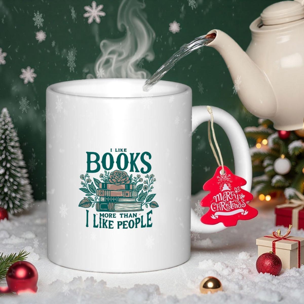 Tailorly White Ceramic 11 oz Mug - I Like Books More Than I Like People Vintage Stacked Novels Nestled Among Elegant Green Botanical Foliage Book