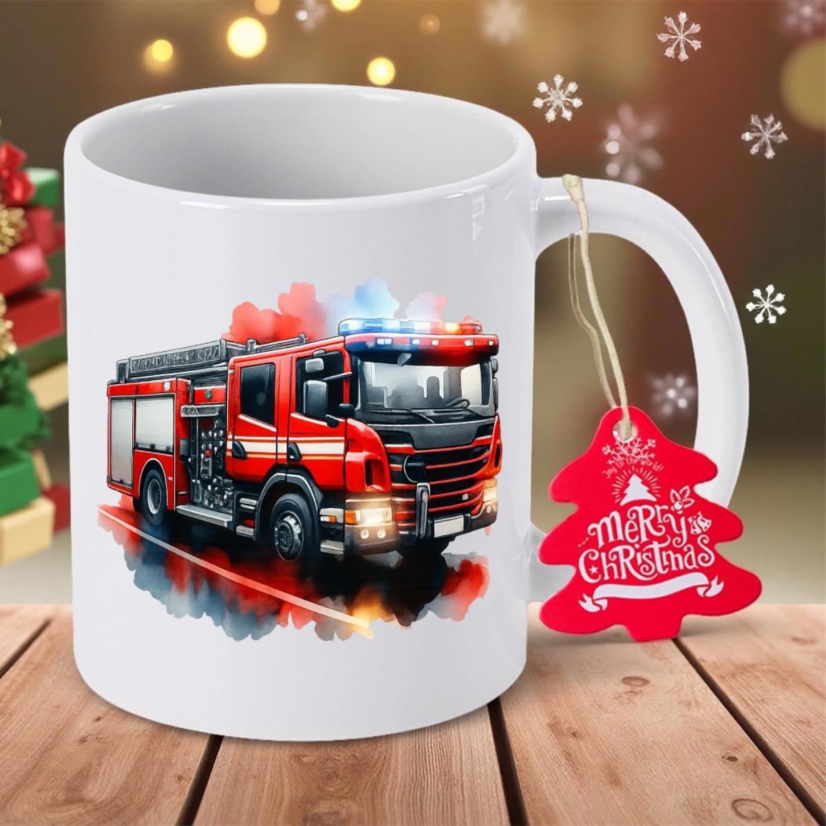 Tailorly White Ceramic 11 oz Mug - Vibrant Red Modern Emergency Vehicle With Flashing Lights And Detailed Equipment Truck