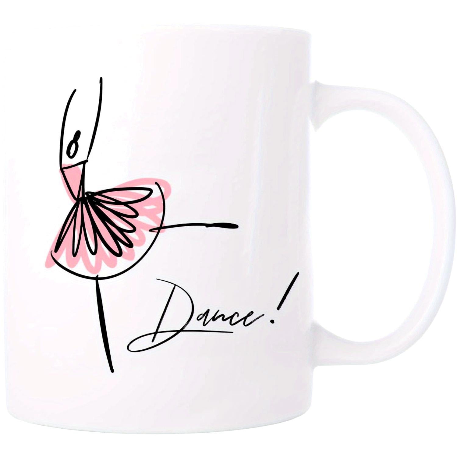 Tailorly White Ceramic 11 oz Mug - Dance Minimalist Line Art Drawing With Pink Cursive Tutu Ballerina