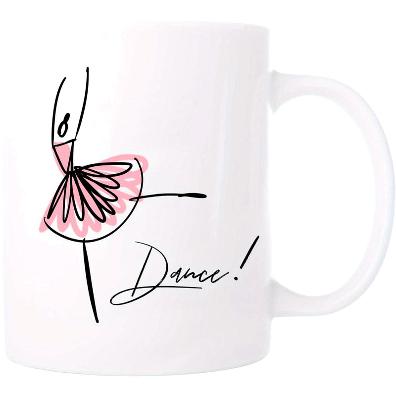 Tailorly White Ceramic 11 oz Mug - Dance Minimalist Line Art Drawing With Pink Cursive Tutu Ballerina