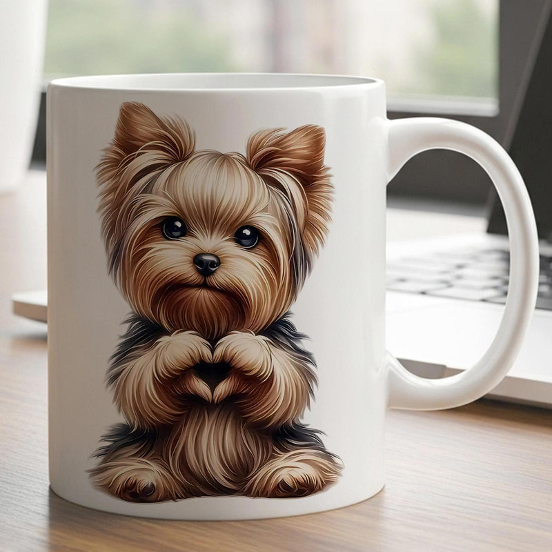 Tailorly White Ceramic 11 oz Mug - Realistic Fluffy Puppy Making Heart Shape With Tiny Paws Sitting Alone Yorkie