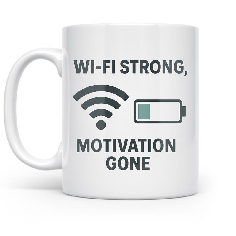 Tailorly White Ceramic 11 oz Mug - Wi Fi Strong Motivation Gone Digital Icons Representing Full Signal Connection And Low Energy Battery Mug
