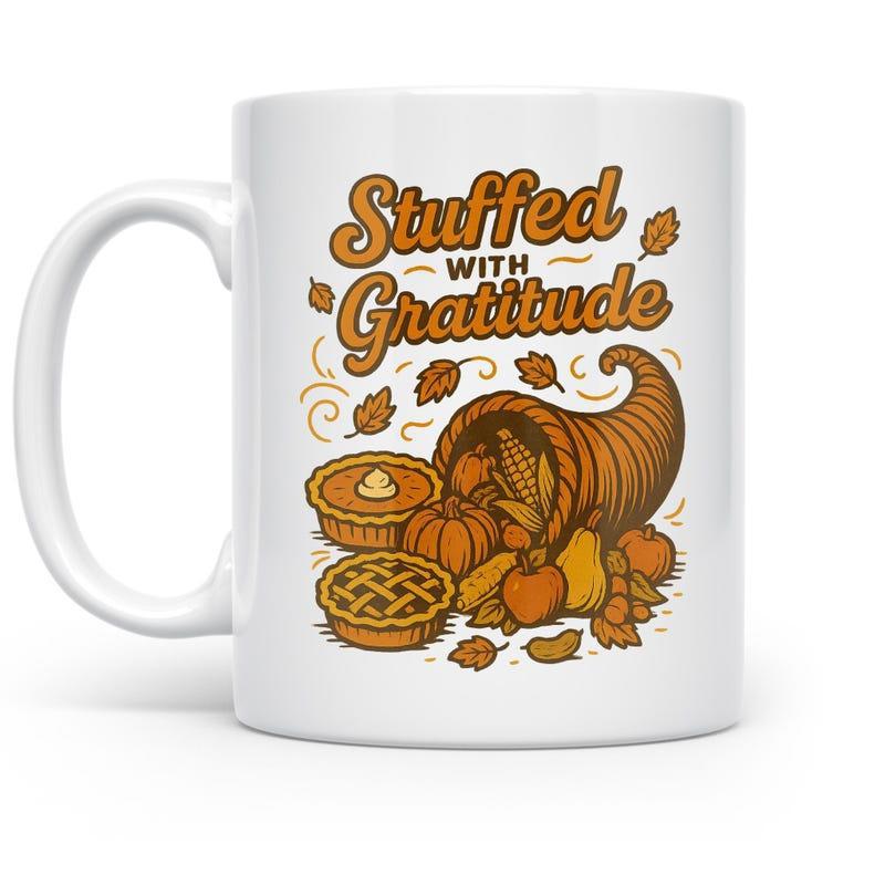 Tailorly White Ceramic 11 oz Mug - Stuffed With Gratitude Abundant Harvest With Pumpkin And Autumn Leaves Overflowing From A Decorative Cornucopia