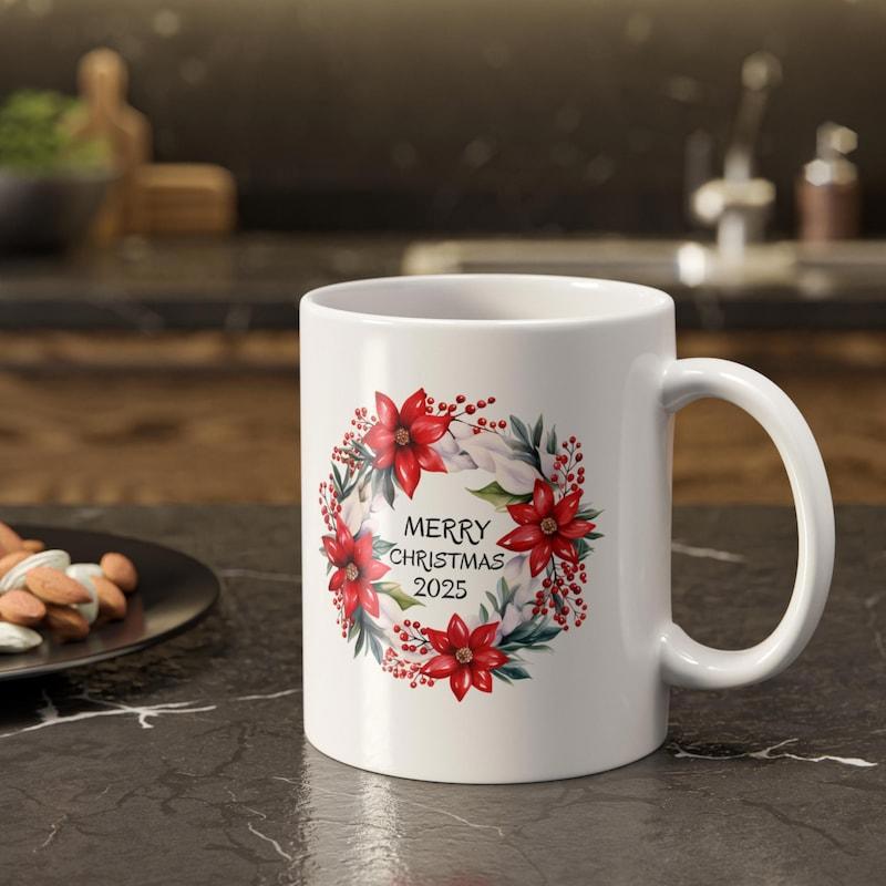 Tailorly White Ceramic 11 oz Mug - Merry Christmas 2025 Elegant Festive Design Featuring Red Poinsettias And Green Winter Leaves Wreath