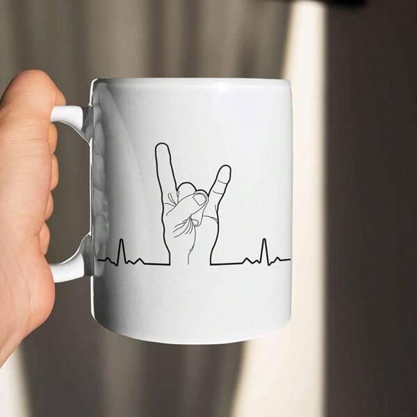Tailorly White Ceramic 11 oz Mug - Minimalist Black Line Drawing Featuring Heartbeat Pulse And Rock Sign Mug