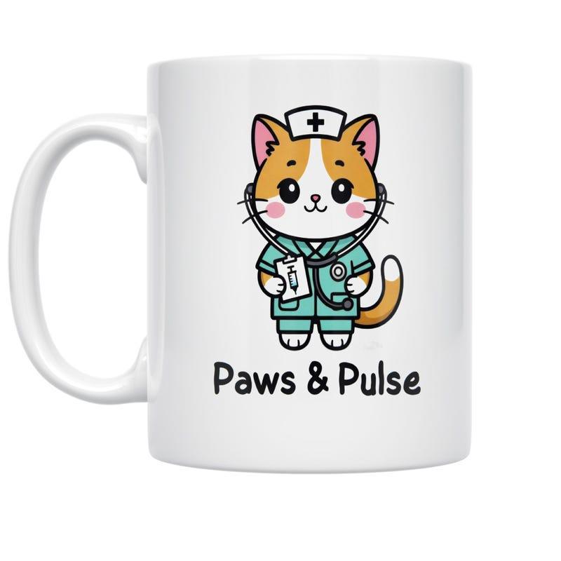 Tailorly White Ceramic 11 oz Mug - Paws Pulse Adorable Cartoon Nurse Wearing Green Scrubs With Stethoscope Cat