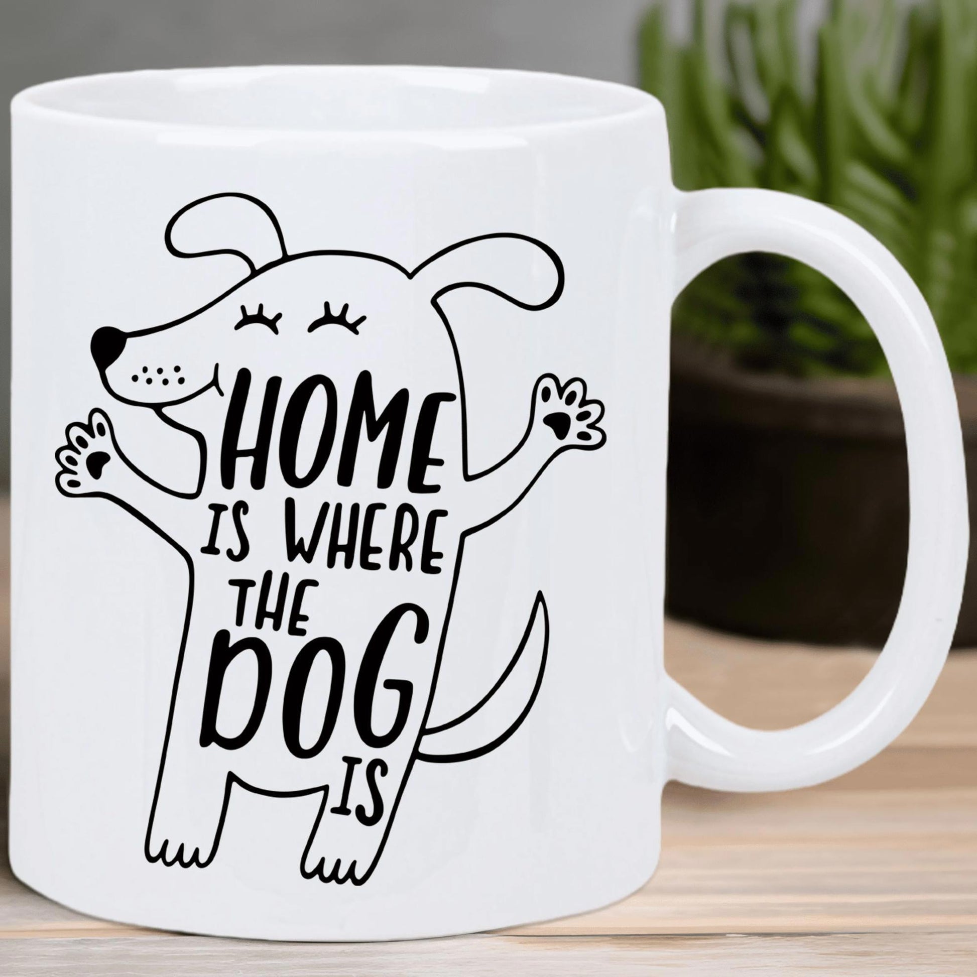 Tailorly White Ceramic 11 oz Mug - Home Is Where The Dog Is Simple Minimalist Hand Drawn Line Art Of A Happy Smiling Playful Dog