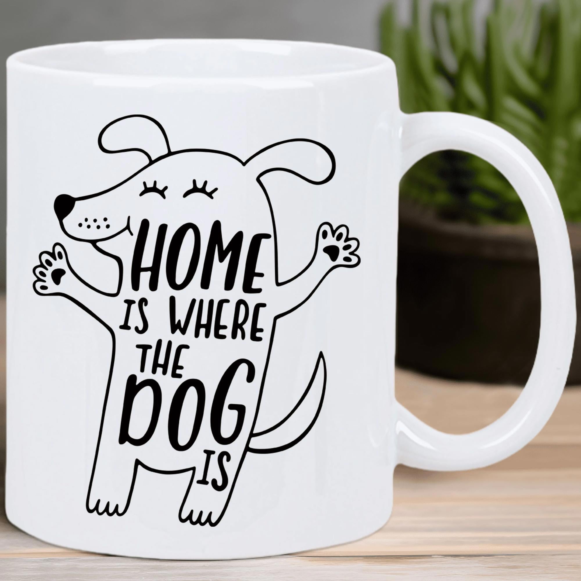 Tailorly White Ceramic 11 oz Mug - Home Is Where The Dog Is Simple Minimalist Hand Drawn Line Art Of A Happy Smiling Playful Dog