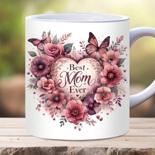 Tailorly White Ceramic 11 oz Mug - Best Mom Ever Elegant Pink Floral Arrangement Featuring Two Delicate Butterflies And Roses Heart