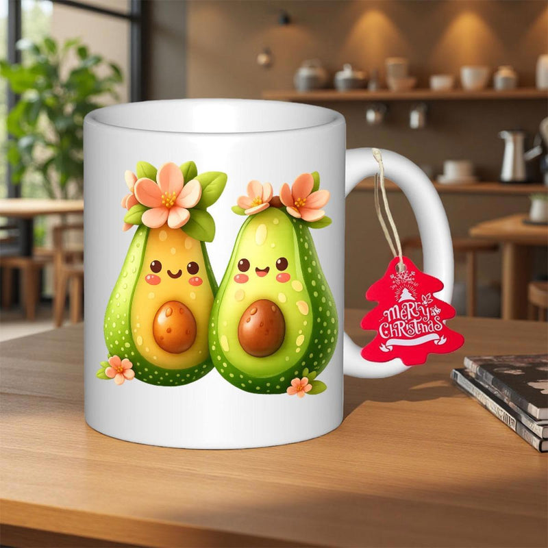 Tailorly White Ceramic 11 oz Mug - Merry Christmas Two Cute Smiling Green Characters Decorated With Pink Floral Crowns Avocado