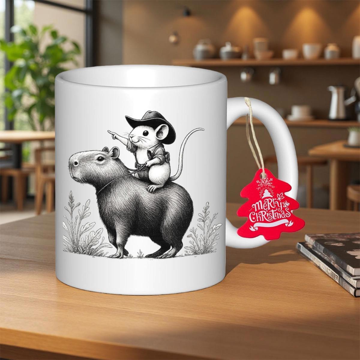 Tailorly White Ceramic 11 oz Mug - Merry Christmas Hand Drawn Sketch Style Featuring A Cowboy Mouse Riding Atop A Capybara