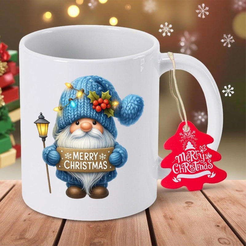 Tailorly White Ceramic 11 oz Mug - Merry Christmas Festive Blue Knitted Hat Character Holding A Glowing Lantern Gnome