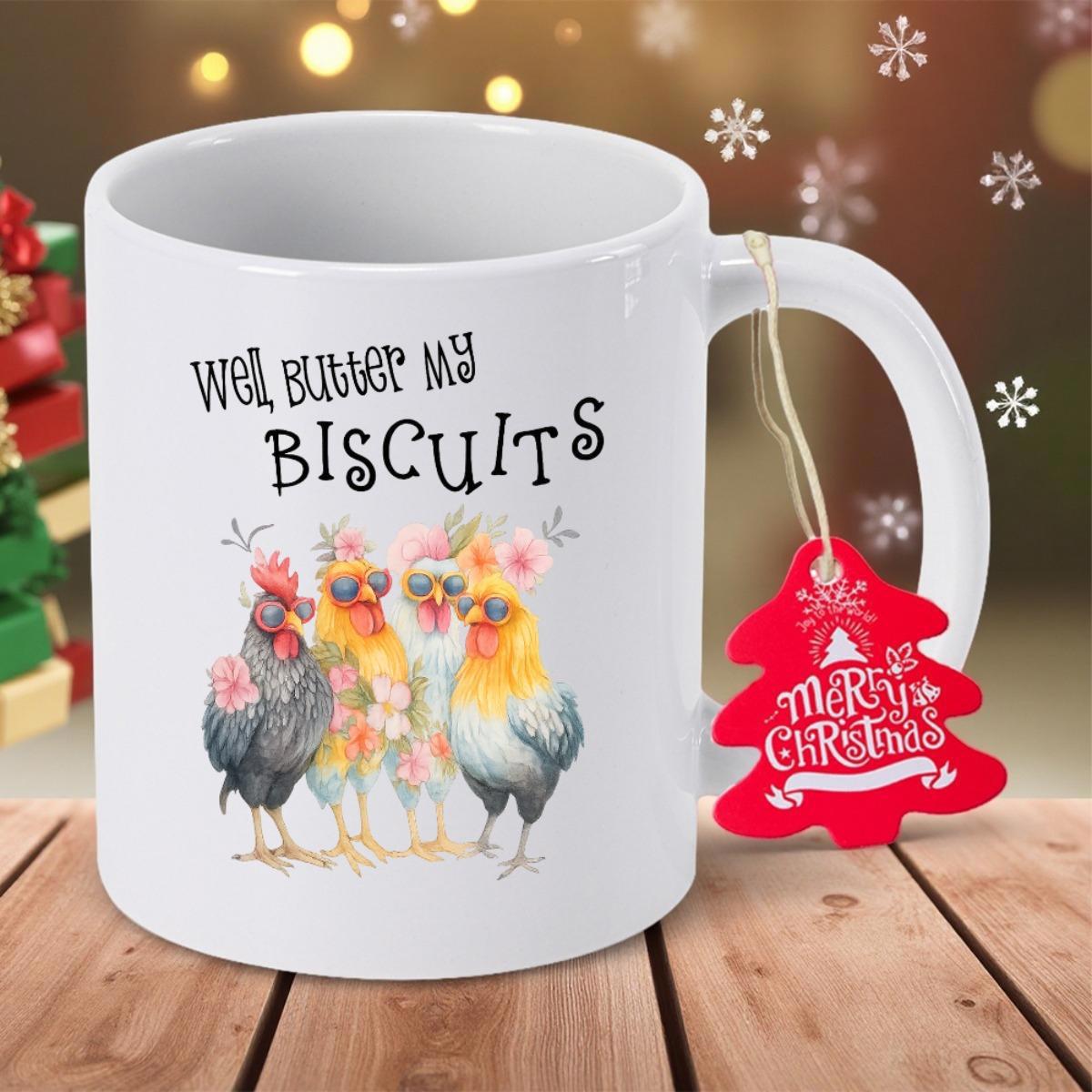 Tailorly White Ceramic 11 oz Mug - Well Butter My Biscuits Whimsical Colorful Farm Birds Standing Together With Artistic Flourishes Chicken