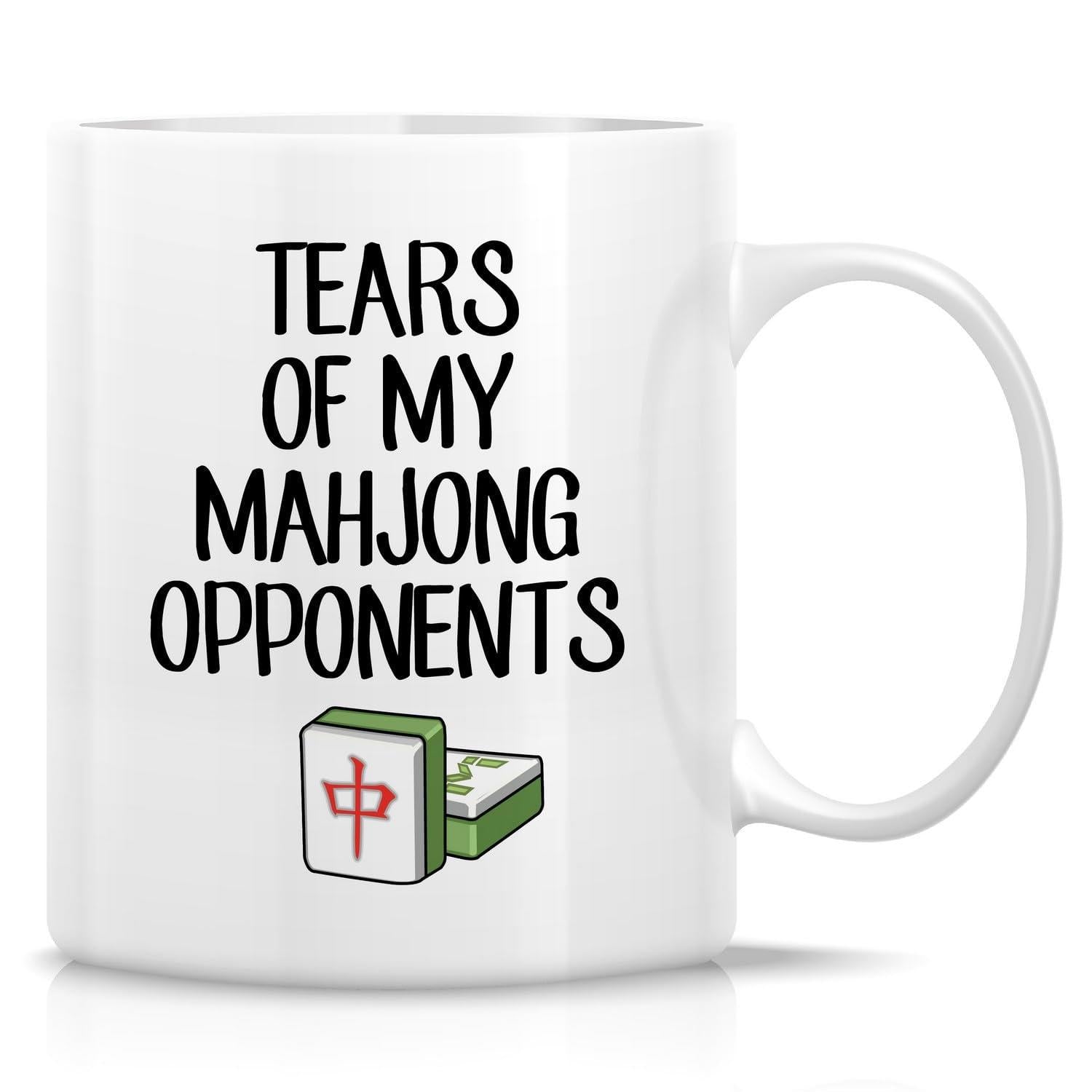 Tailorly White Ceramic 11 oz Mug - Tears Of My Mahjong Opponents Traditional Green And White Gaming Tiles With Red Character Mahjong Tiles
