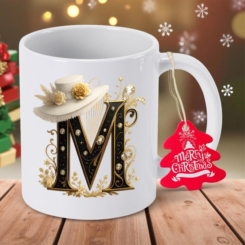 Tailorly White Ceramic 11 oz Mug - Merry Christmas Elegant Black Letter M Decorated With Stylish Golden Floral Hat Initial