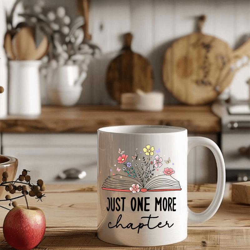 Tailorly White Ceramic 11 oz Mug - Just One More Chapter Open Book With Colorful Wildflowers Blooming Among Delicate Vintage Style Leaves Book