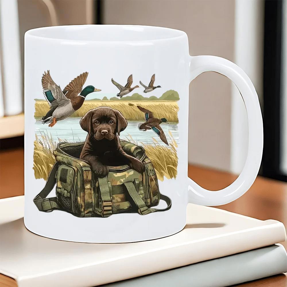 Tailorly White Ceramic 11 oz Mug - Brown Puppy Sitting Inside Camouflage Bag With Mallard Ducks Flying Over Fields Labrador