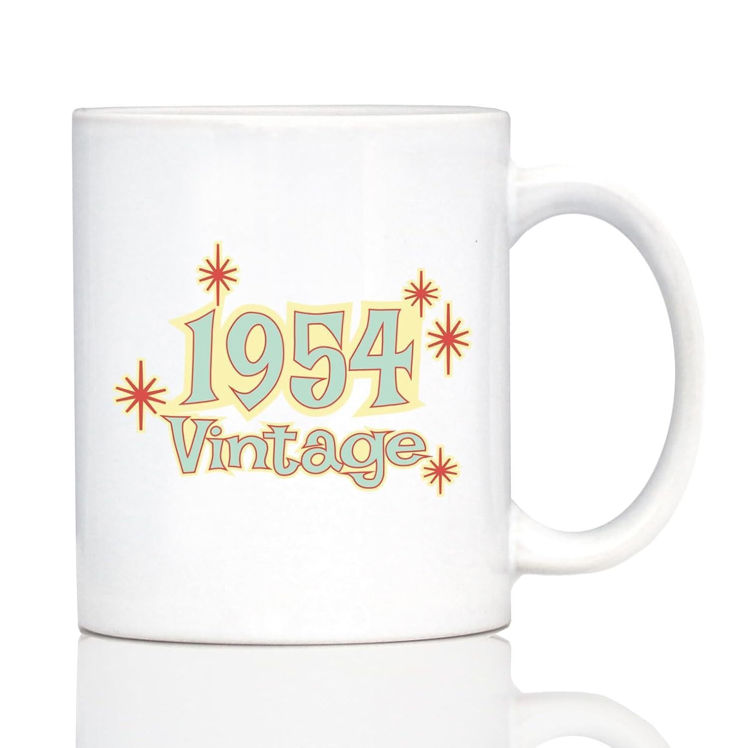 Tailorly White Ceramic 11 oz Mug - 1954 Vintage Atomic Mid Century Starbursts Surrounding Retro Numbers With Classic Aesthetic Mug