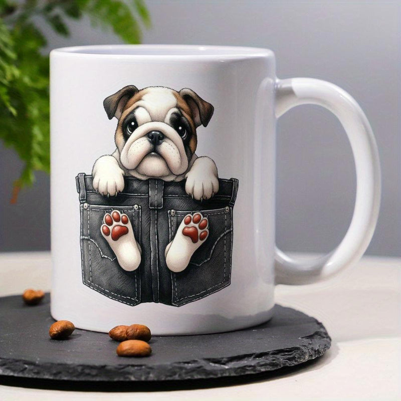 Tailorly White Ceramic 11 oz Mug - Adorable Puppy Peeking From A Dark Denim Pocket With Little Paws Bulldog