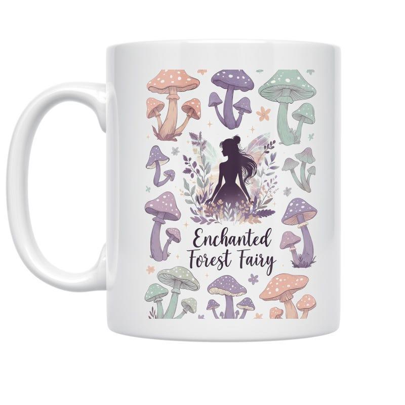 Tailorly White Ceramic 11 oz Mug - Enchanted Forest Fairy Whimsical Pastel Mushrooms Surrounding A Delicate Silhouetted Winged Mythical Creature Fairy