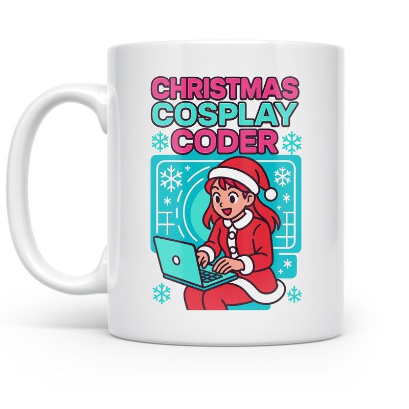 Tailorly White Ceramic 11 oz Mug - Christmas Cosplay Coder Festive Anime Girl Wearing Santa Outfit Typing On Laptop Among Snowflakes Coder