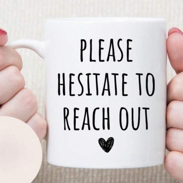 Tailorly White Ceramic 11 oz Mug - Please Hesitate To Reach Out Simple White Ceramic Vessel Featuring A Hand Drawn Small Heart Mug