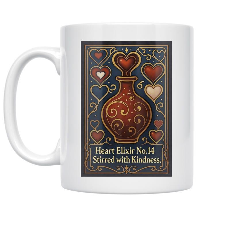 Tailorly White Ceramic 11 oz Mug - Heart Elixir No 14 Stirred With Kindness Ornate Vintage Potion Vessel Surrounded By Decorative Hearts Within Classic Border
