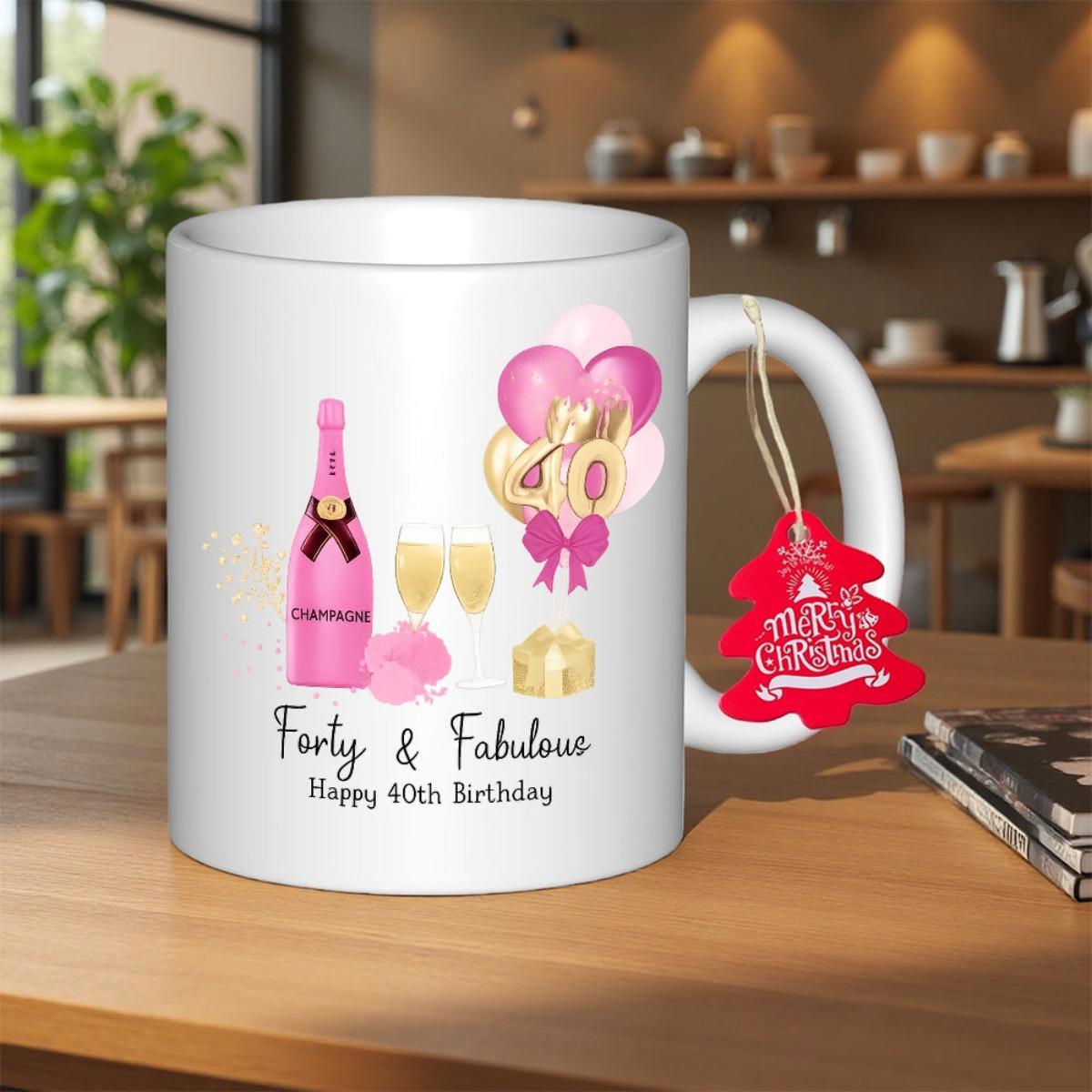 Tailorly White Ceramic 11 oz Mug - Forty Fabulous Happy Birthday Pink Champagne Bottle Festive Balloons Among Golden Celebration Decor Elements Mug