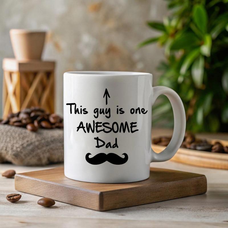 Tailorly White Ceramic 11 oz Mug - This Guy Is One Awesome Dad Minimalist Bold Black Text With Arrow And Decorative Mustache Mug