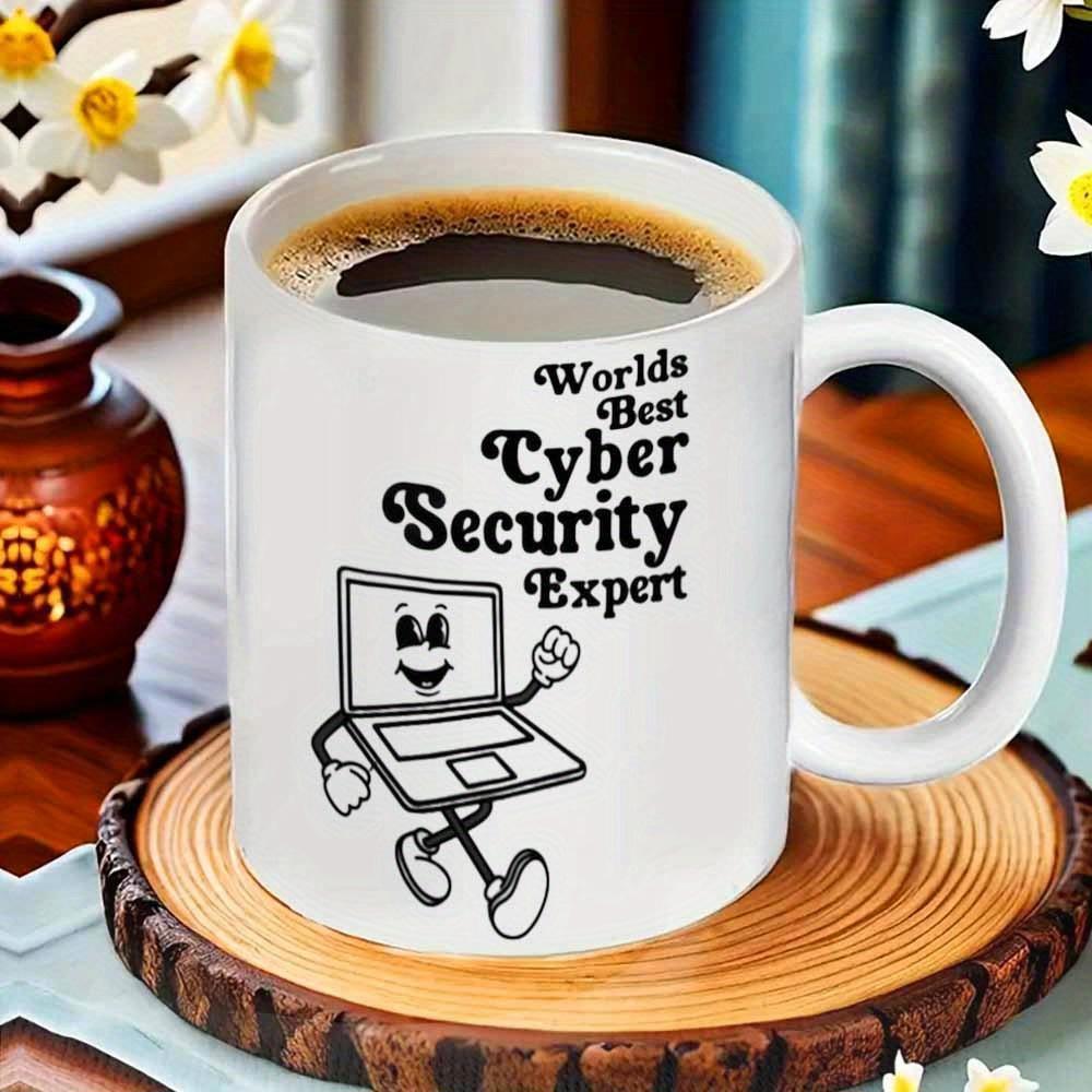 Tailorly White Ceramic 11 oz Mug - Worlds Best Cyber Security Expert Animated Computer Character With Happy Face Walking Proudly Among Letters Laptop