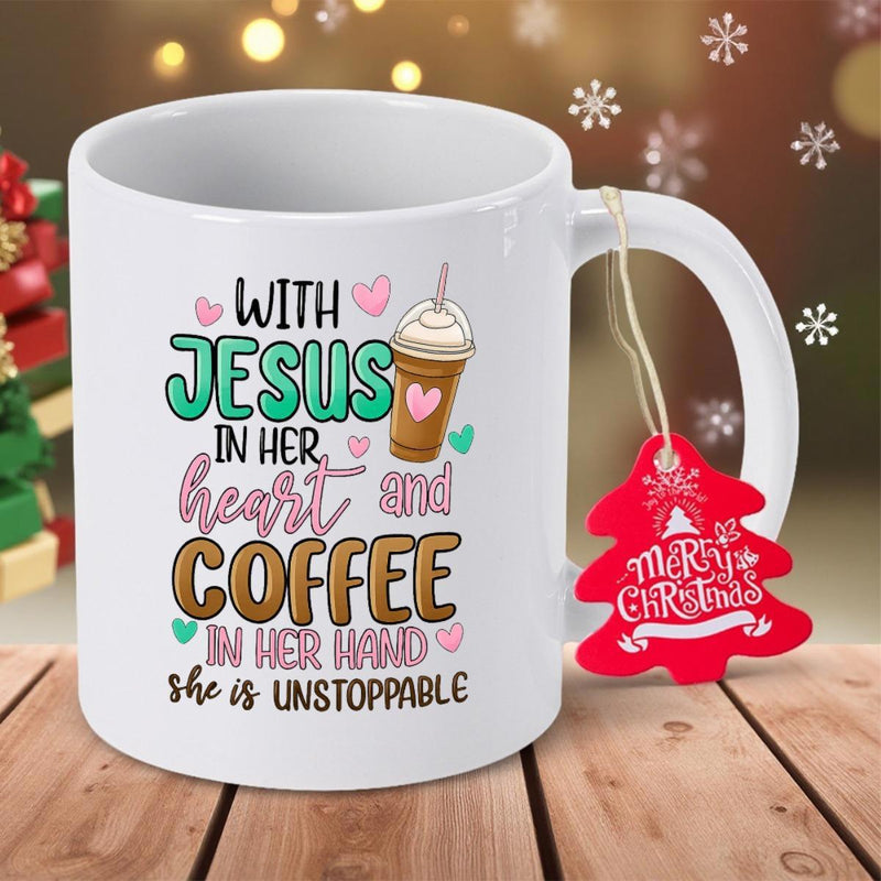 Tailorly White Ceramic 11 oz Mug - With Jesus In Her Heart And Coffee In Her Hand She Is Unstoppable Hand Drawn Iced Coffee Cup Among Small Pink And Teal Hearts