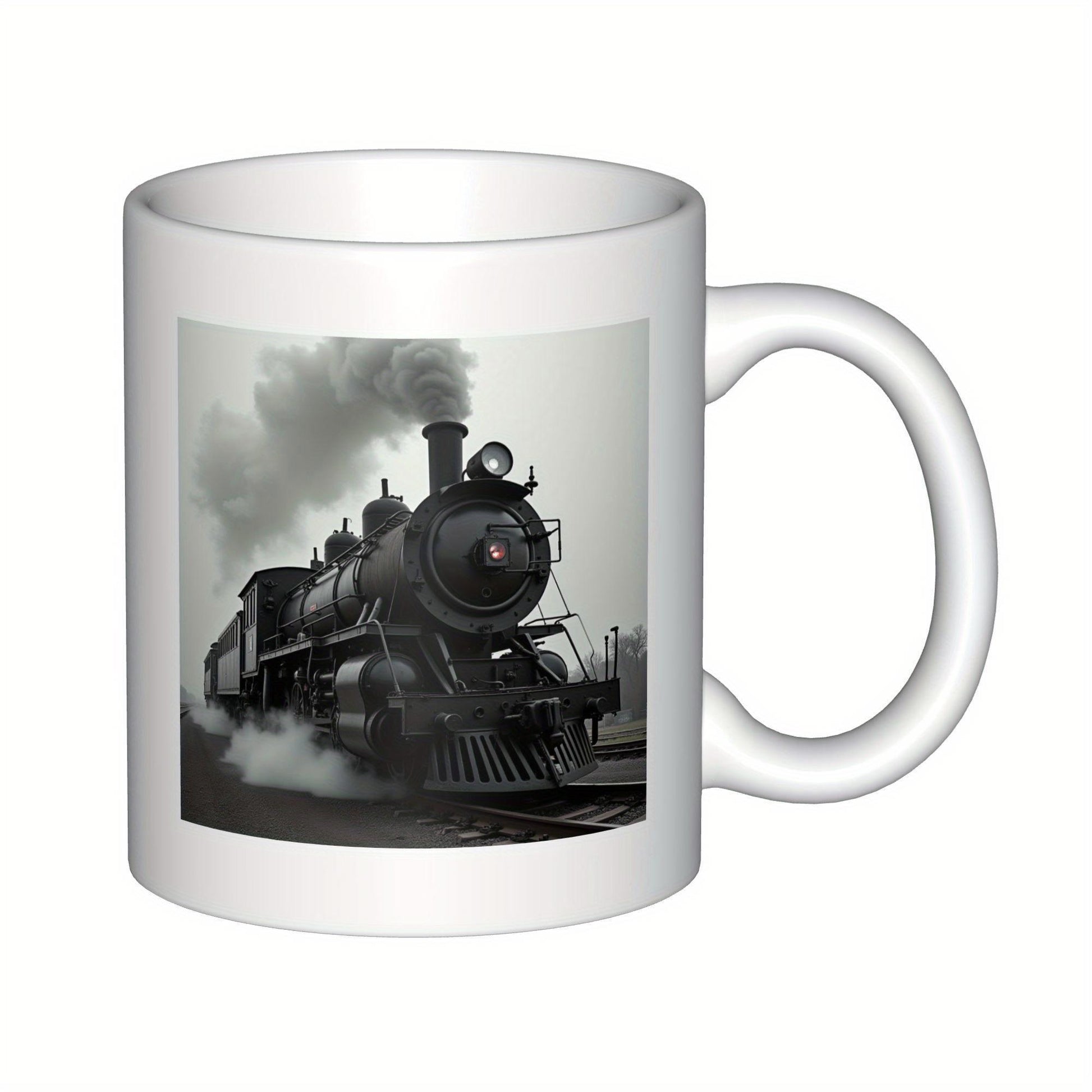 Tailorly White Ceramic 11 oz Mug - Vintage Monochrome Steam Locomotive Billowing Smoke Along The Historic Railroad Tracks Train