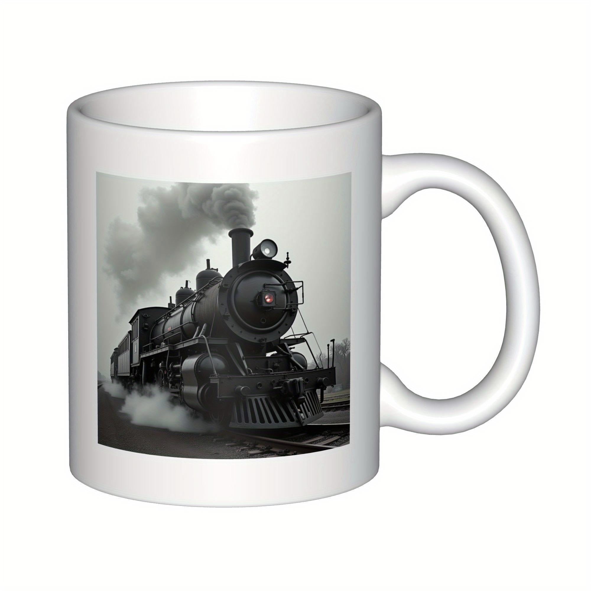 Tailorly White Ceramic 11 oz Mug - Vintage Monochrome Steam Locomotive Billowing Smoke Along The Historic Railroad Tracks Train