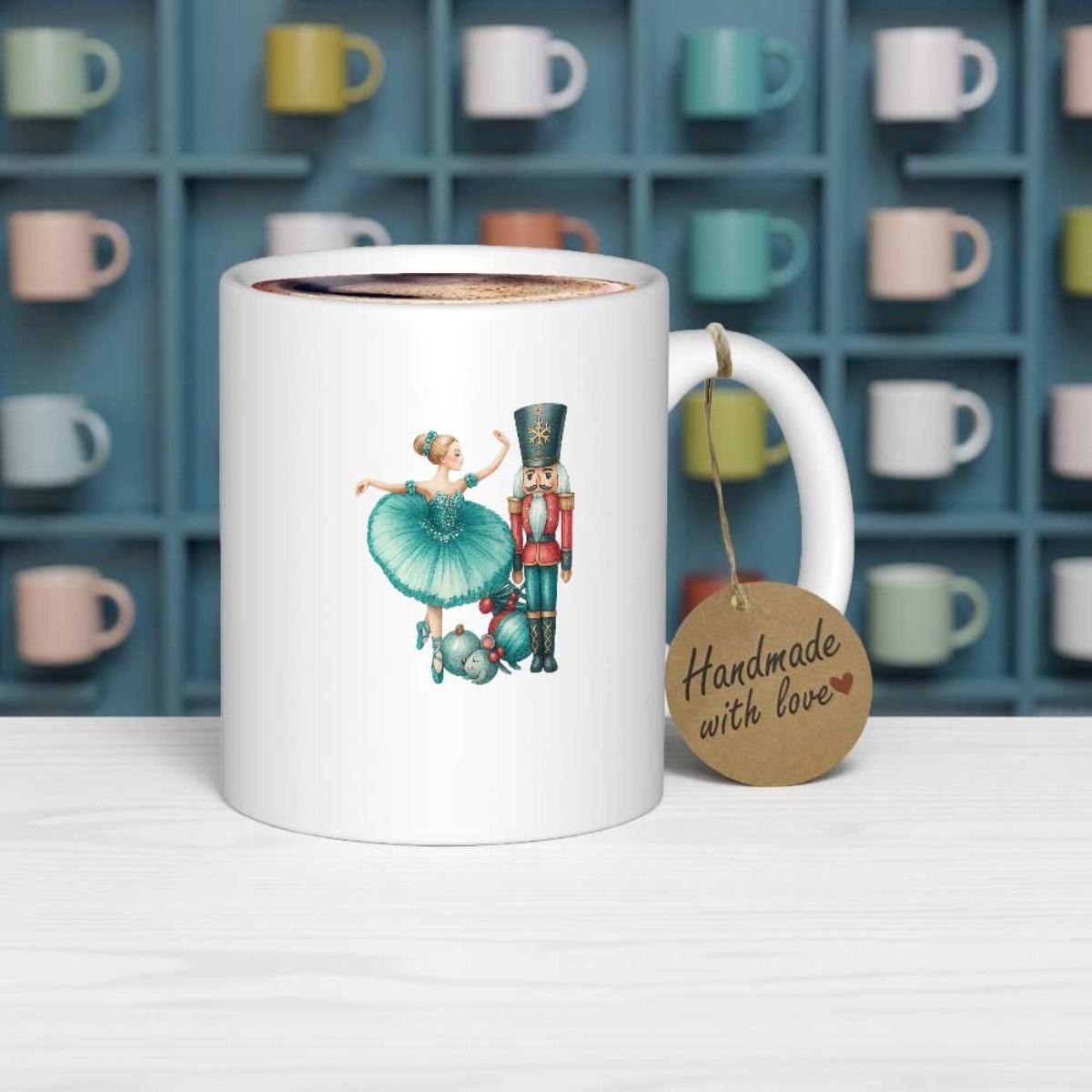 Tailorly White Ceramic 11 oz Mug - Elegant Watercolor Ballerina And Classic Nutcracker Soldier Standing Beside Christmas Gifts Nutcracker